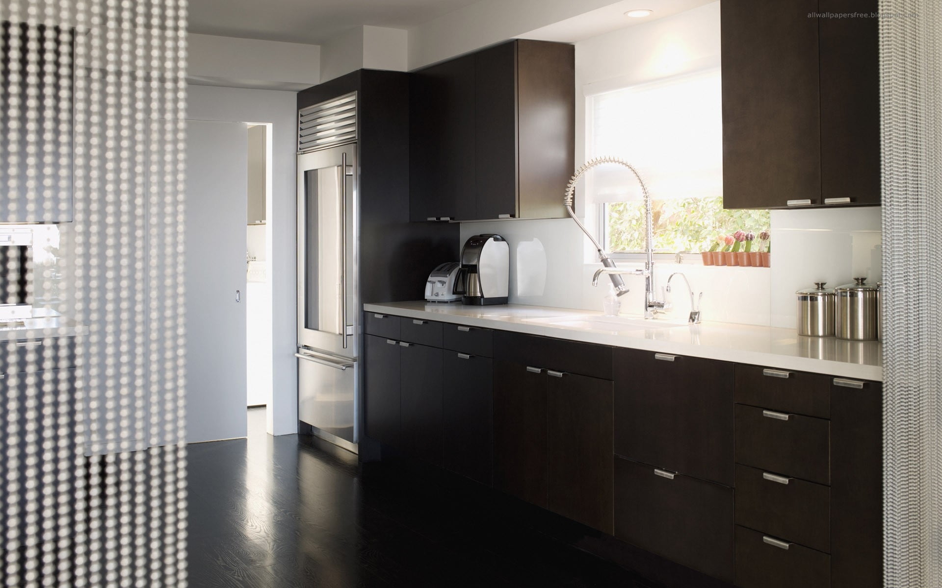 Black Wooden Kitchen Cabinet Near Of Gray 3 Door Refrigerator Hd