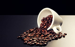 spilled coffee beans on white ceramic cup HD wallpaper