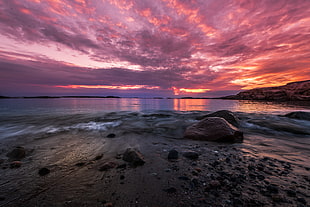 rock near beach shore during golden hour wallpaper, photographer, water HD wallpaper