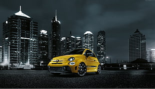 yellow FIAT 500 3-door hatchback near high-rise building HD wallpaper