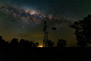 silhouette of windmill, stars, night, windmill HD wallpaper