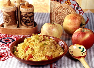 photo of cooked rice in red bowl beside three apples HD wallpaper