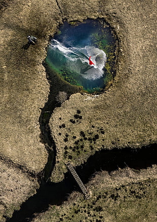 aerial view of person riding on surfboard, nature, landscape, men, sports