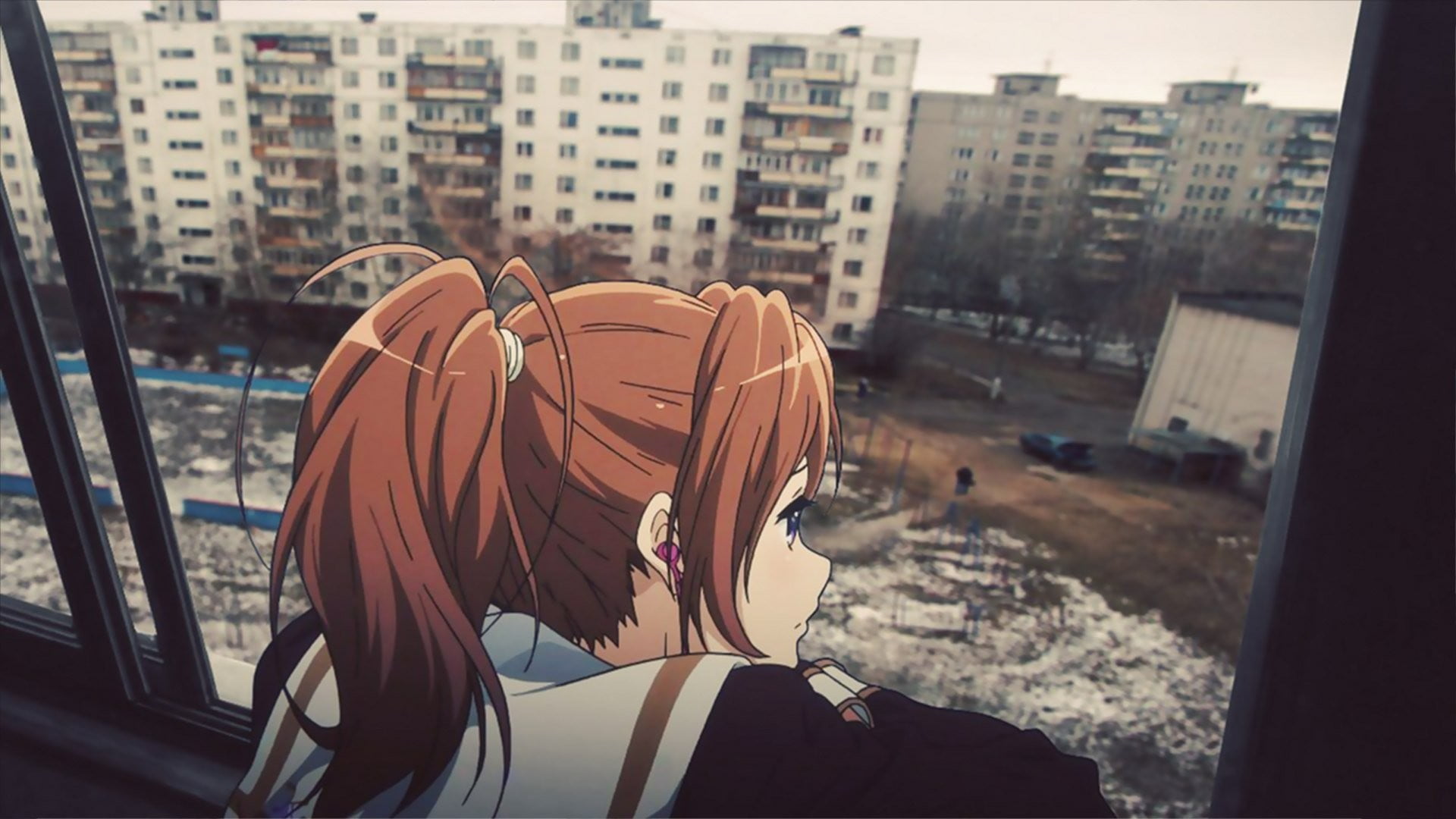 brown-haired anime character looking outside of the window