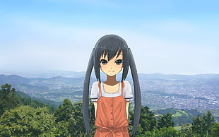 black-haired girl wearing orange spaghetti strap dress]