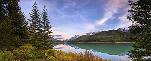 white and blue inflatable boat, panoramas, Canada, lake, mountains