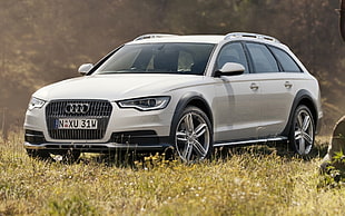 white Audi compact SUV parked on grass during daytime HD wallpaper