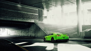 green Nissan GT-R coupe, car