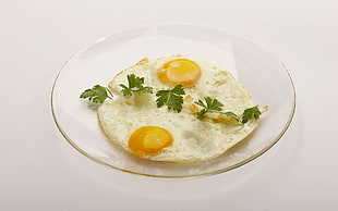 round white ceramic plate with fried egg HD wallpaper