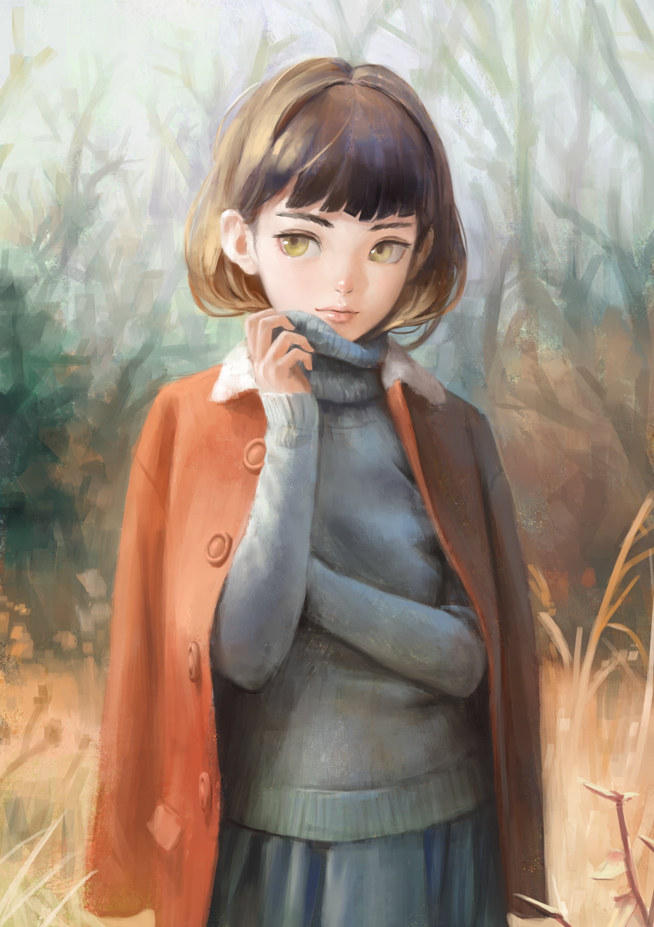 Female anime character with brown jacket illustration, original
