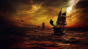 silhouette painting of ship in sea HD wallpaper