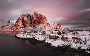 mountain covered with snow, winter, mountains, fjord, Norway