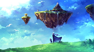 floating island graphic display wallpaper, fantasy art, anime, sky, nature