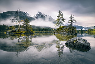 landscape photography of lake near foggy mountain, mountains, reflection, nature, trees HD wallpaper