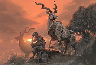 gray deer illustration, deer, fantasy art, artwork HD wallpaper