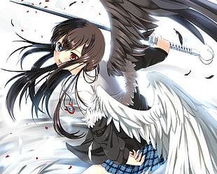 female anime character holding sword with odd-eye and black and white angel wings HD wallpaper