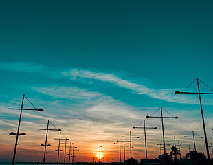 light post lot, Sky, Sunset, Pillars HD wallpaper