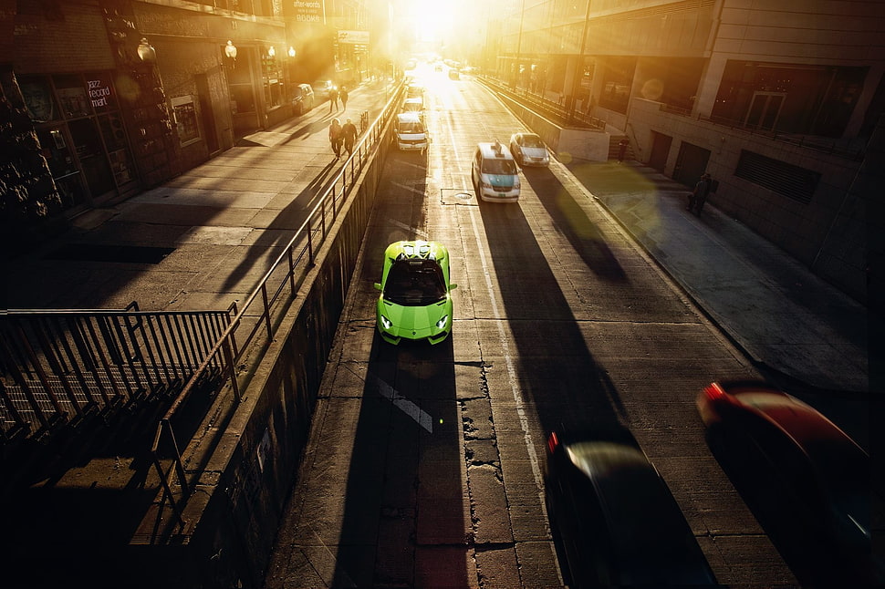 green coupe, car, vehicle, street, Lamborghini HD wallpaper