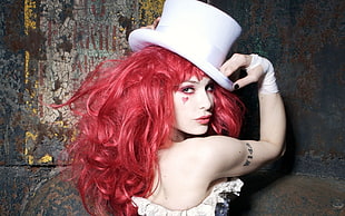 red haired woman wearing white top hat HD wallpaper