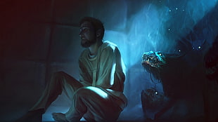 man wearing restraint jacket sitting on floor while monsters growling behind him illustration, fantasy art, creature, men, artwork