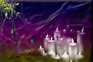 purple and yellow colors with white lighted candles 3D wallpaper HD wallpaper