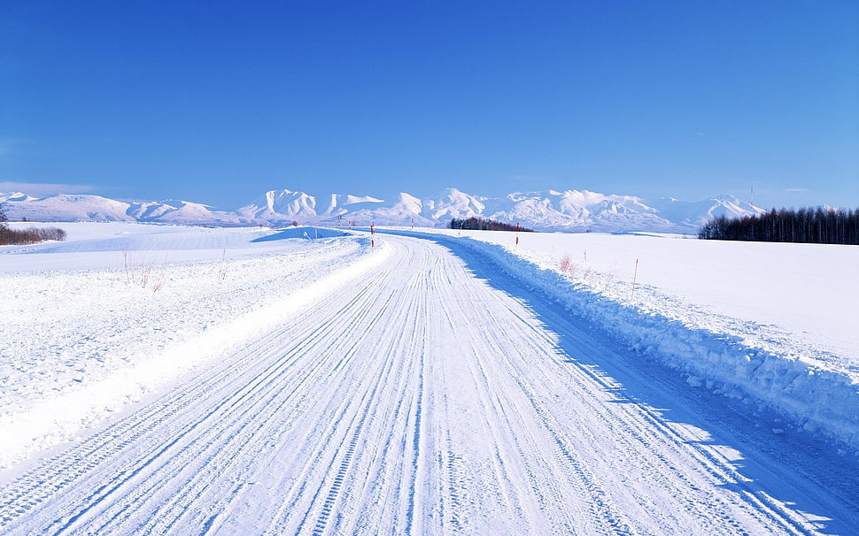 photo of road covered with snow during day time HD wallpaper