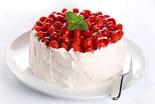 strawberry cake on white ceramic plate HD wallpaper
