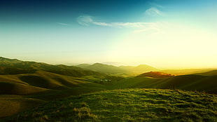 overlooking view of mountains, landscape, California, sunlight, field