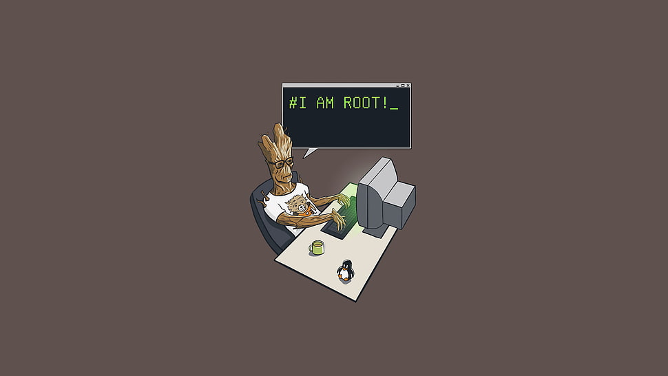 Groot using computer and sitting on the chair HD wallpaper