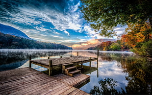 brown wooden dock, lake, nature, sunset, mountains HD wallpaper