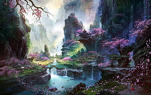 river beside high-rise mountain landscape painting HD wallpaper