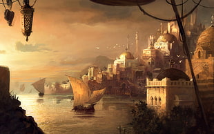 dragon boat near castle illustration HD wallpaper
