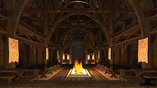 empty wooden building with bonfire at the center digital wallpaper, Dragonsreach, The Elder Scrolls V: Skyrim, render, interior HD wallpaper