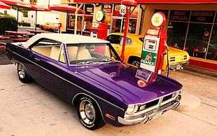 classic purple and white coupe, Vintage car HD wallpaper