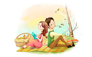 man and woman leaning each other on picnic mat HD wallpaper