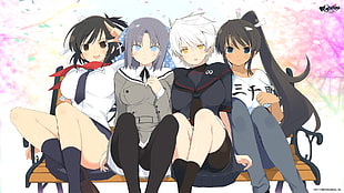 four female anime characters sitting on bench HD wallpaper