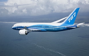 photo of blue and white flight 787 airplane HD wallpaper