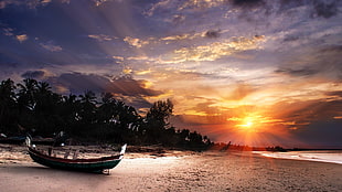 green wooden boat, sunset, nature, beach, boat HD wallpaper