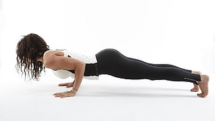 woman wearing white and black tank top and black leggings doing yoga HD wallpaper