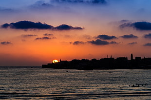 silhouette of trees near body of water painting, sunset, cityscape, sky, Sun