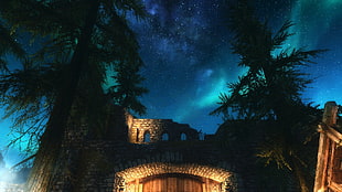 brown concrete house, The Elder Scrolls V: Skyrim, ENB, video games, aurorae