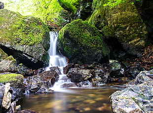 cascading waterfalls in between rocks, tarn hows