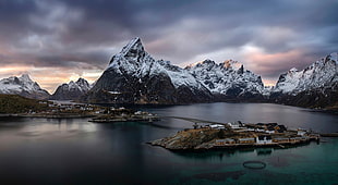 snowy mountain, mountains, town, island, Norway