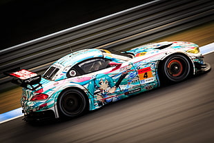 teal stock car, racing, race cars, Hatsune Miku, Itasha