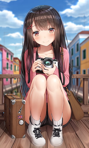 anime girl holding camera illustration HD wallpaper