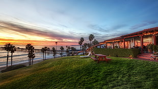 red wooden picnic table, beach, Beachcomber Inn, USA, California HD wallpaper