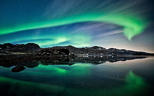 Northern lights, aurorae, landscape, reflection, water HD wallpaper