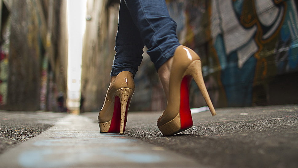 woman wearing pair of brown-and-red platform stilettos HD wallpaper