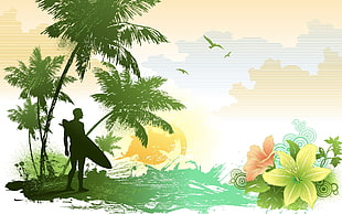 silhouette of a man holding surf board surrounded by island garden illustration HD wallpaper