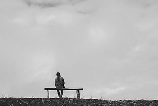 brown wooden bench, Bench, Man, Bw